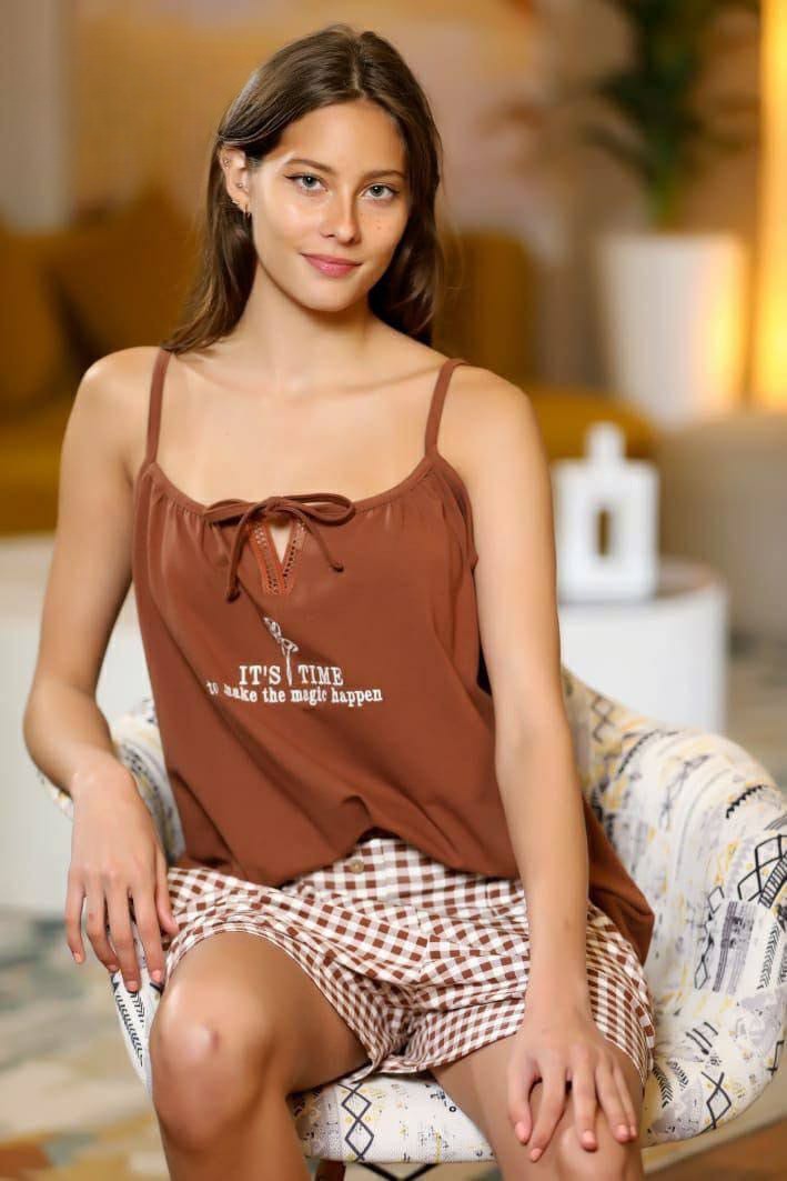 Brown Top and Checkered Shorts Set